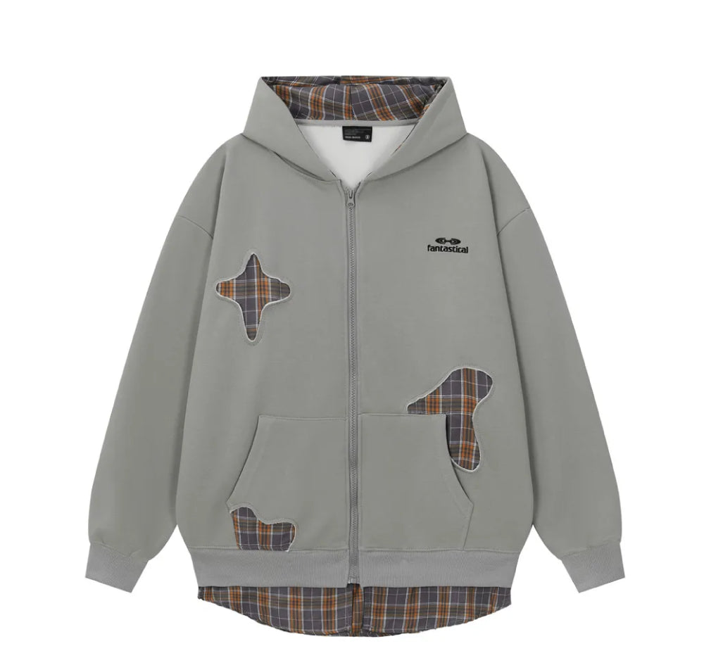 Plaid Patchwork Zip-up Hoodie-streetwear-techwear