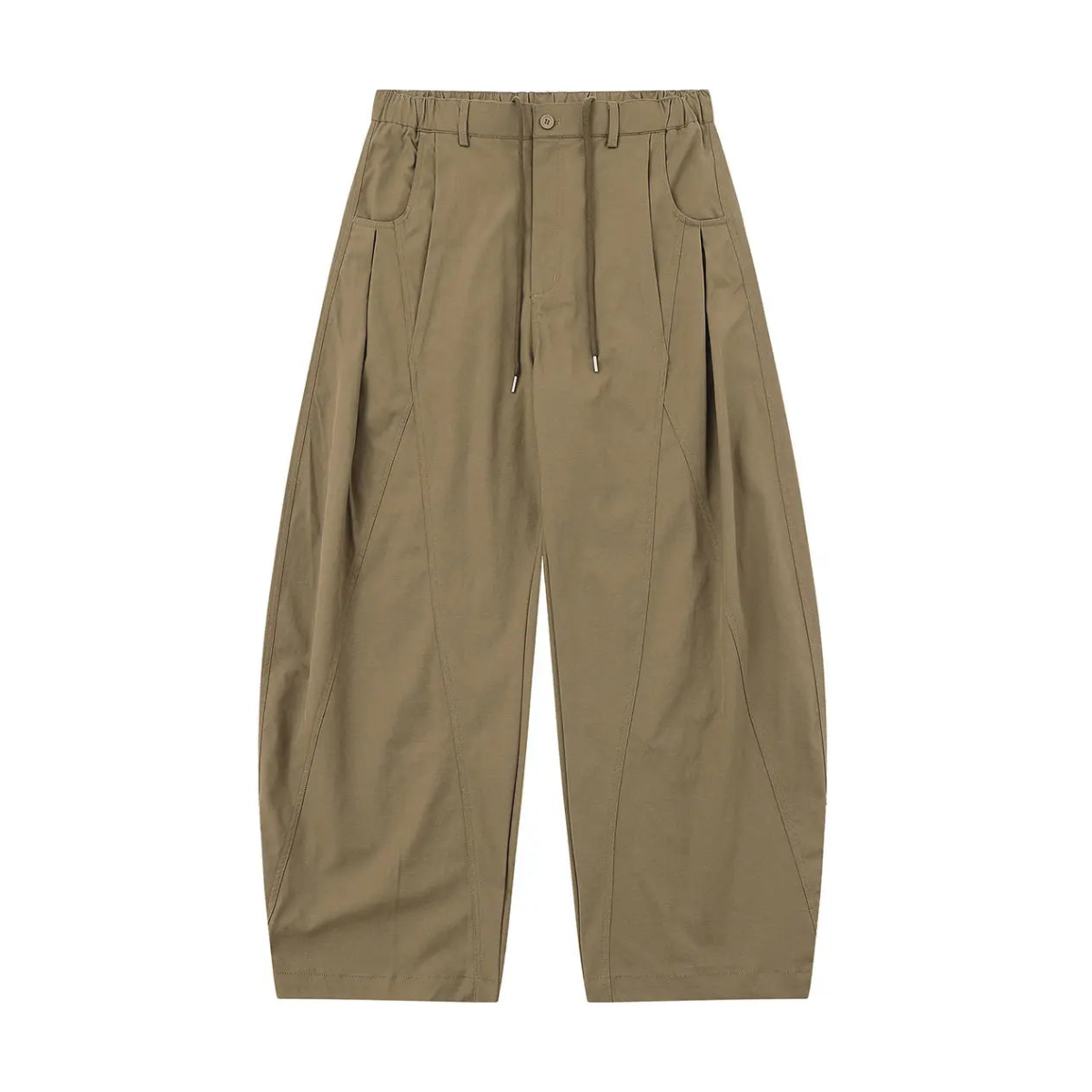 A pair of wide-leg, pleated trousers in a muted khaki or olive-tan color, shown flat against a solid white background.