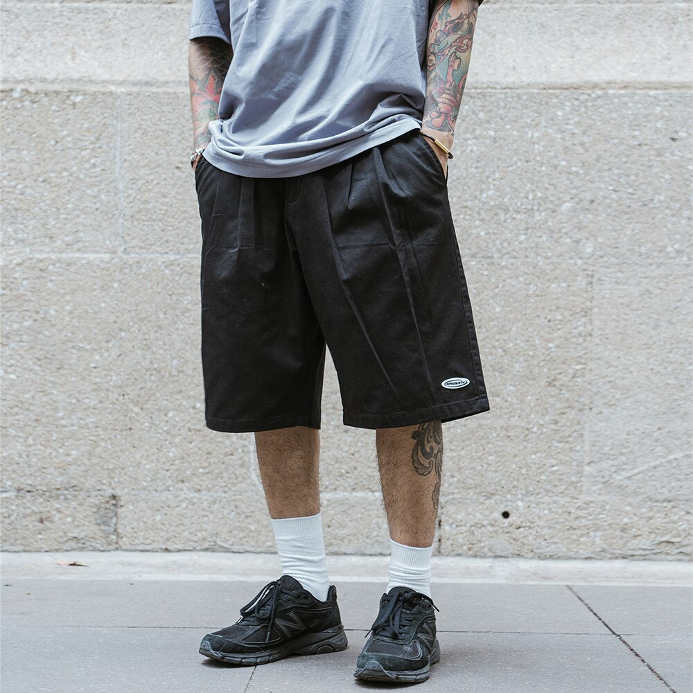 Pleated Front Knee Length Skater Shorts-streetwear-techwear