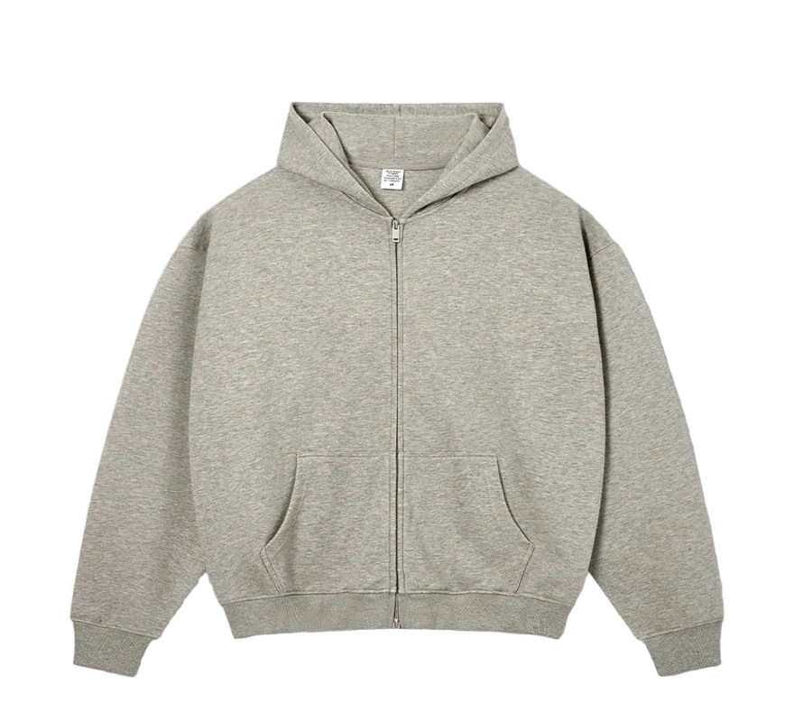 A light oat gray zip-up hoodie with a front kangaroo pocket, displayed flat against a textured off-white background with text overlays.