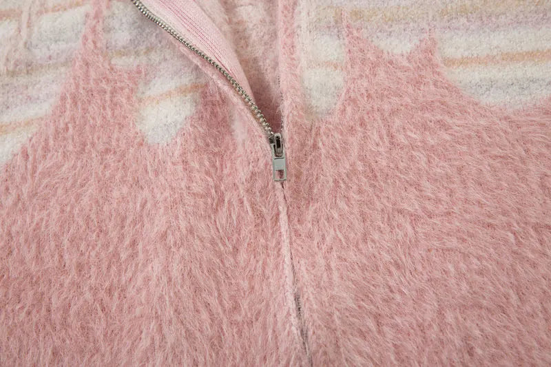 Retro Flame Mohair Style Zip Up Sweater-streetwear-techwear