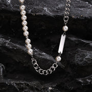 Curb Chain/Faux Pearl Necklace-streetwear-techwear