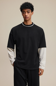 Contrast Mock Double Layer Long Sleeve T-Shirt-streetwear-techwear