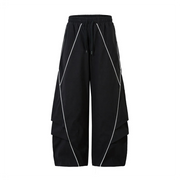 Black wide-leg cargo pants with white contrast piping and a drawstring waist, shown against a plain white background.