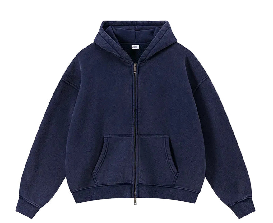 A dark navy blue zip-up hoodie with a front pocket, displayed flat against a solid white background.
