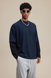 Contrast Mock Double Layer Long Sleeve T-Shirt-streetwear-techwear