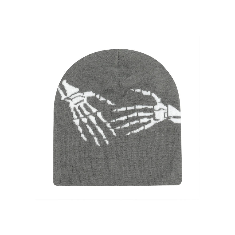 Gray beanie with white skeleton design on a white background