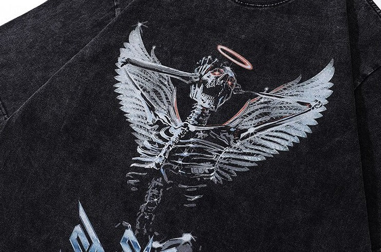 'Skeleton Angel' Acid Washed T-Shirt-streetwear-techwear