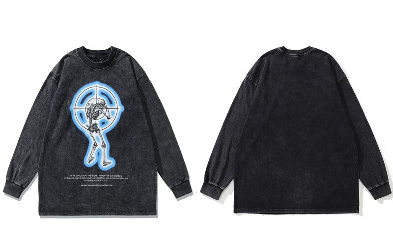 Skeleton Target Acid Washed Long Sleeve T-Shirt-streetwear-techwear