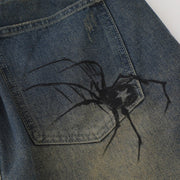 Spider Print Denim Shorts-streetwear-techwear