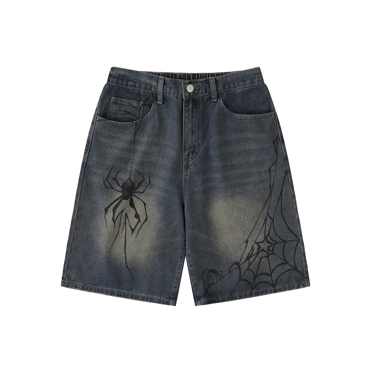 Spider Print Denim Shorts-streetwear-techwear