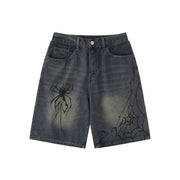 Spider Print Denim Shorts-streetwear-techwear