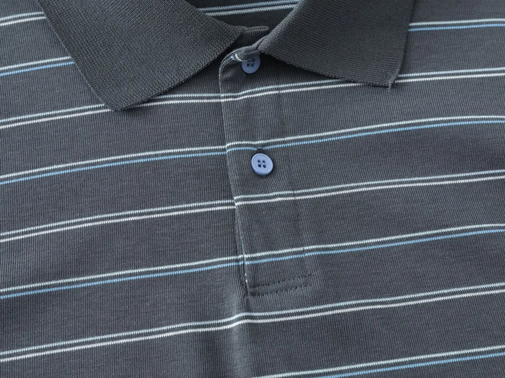 Close-up of a dark gray polo shirt with thin white and light blue horizontal stripes, featuring a classic collar and a two-button placket.