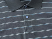 Close-up of a dark gray polo shirt with thin white and light blue horizontal stripes, featuring a classic collar and a two-button placket.