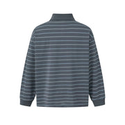 A long-sleeve polo shirt with thin horizontal stripes in slate blue and gray, shown from the back against a plain white background.