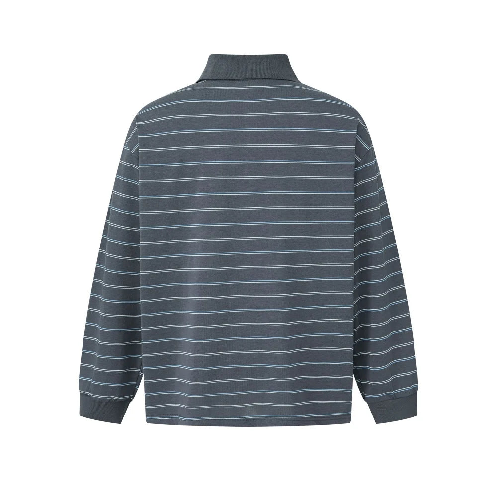 A long-sleeve polo shirt with thin horizontal stripes in slate blue and gray, shown from the back against a plain white background.