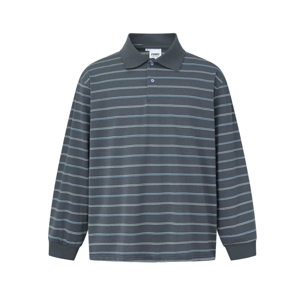 A long-sleeve polo shirt with horizontal gray and white stripes, featuring a dark gray collar and cuffs, displayed on a solid white background.