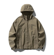 A hooded utility jacket in a muted olive-tan color, laid flat against a clean white background with soft shadows.