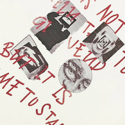 Collage of black and white images with red text on a white background