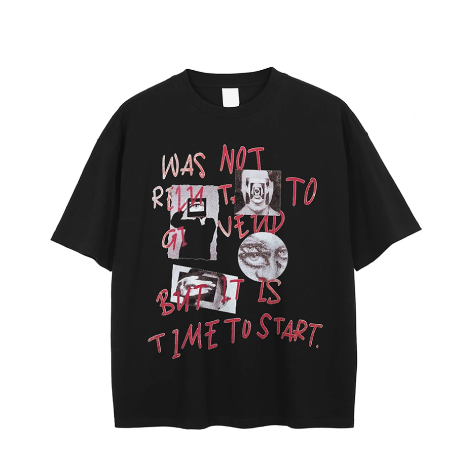 A black short-sleeve graphic t-shirt featuring a distressed red and white text print and collage-style face graphics on the front, displayed against a solid white background.