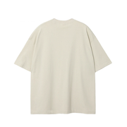 A plain, short-sleeve crewneck t-shirt in a light cream or off-white color, shown from the back against a solid white background.