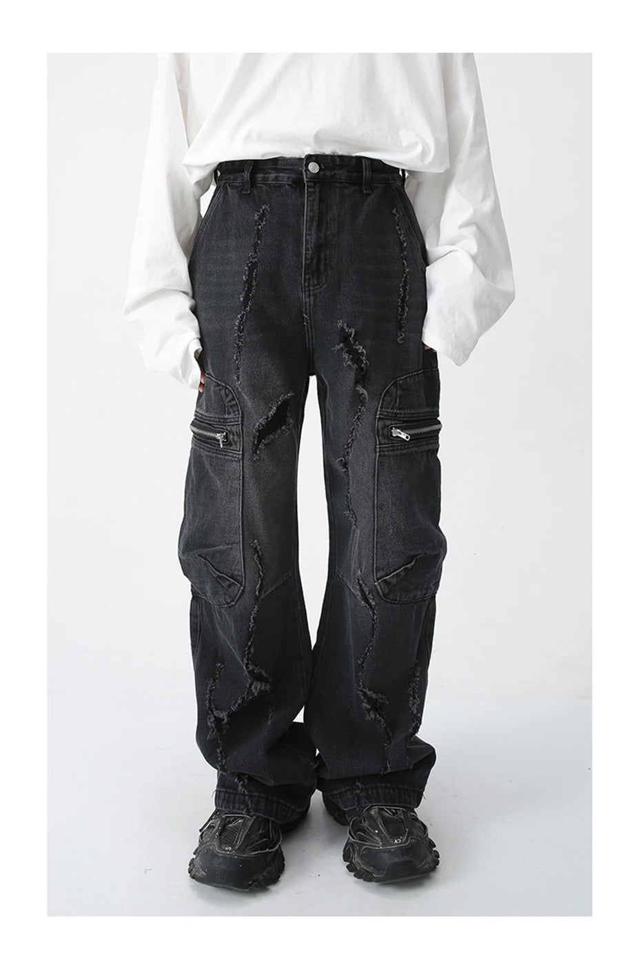 Torn Loose Fit Cargo Jeans-streetwear-techwear