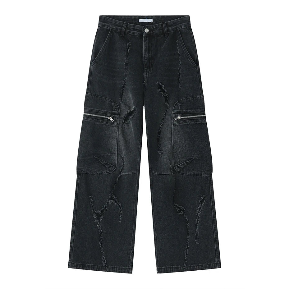 Torn Loose Fit Cargo Jeans-streetwear-techwear