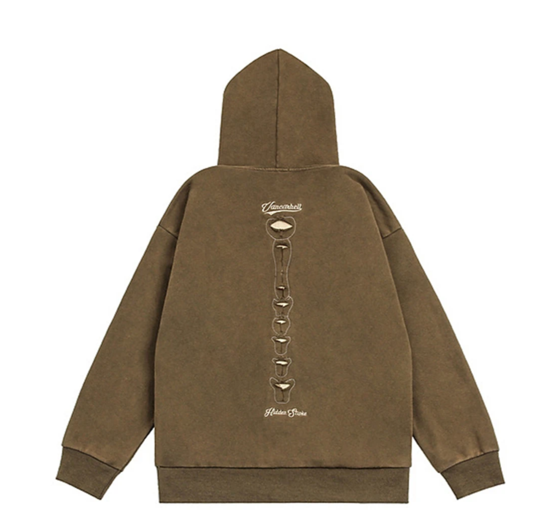 VANCARHELL Skeleton Ribcage Acid Wash Hoodie Streetwear at