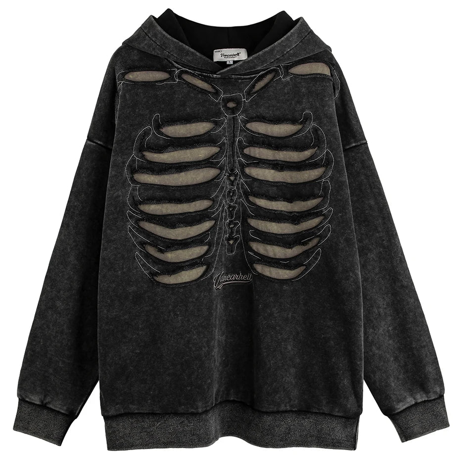 VANCARHELL Skeleton Ribcage Acid Wash Hoodie-streetwear-techwear