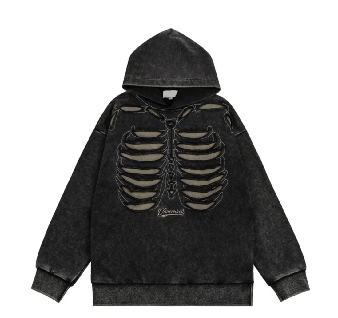 VANCARHELL Skeleton Ribcage Acid Wash Hoodie-streetwear-techwear