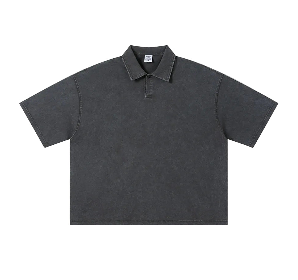 A dark gray short-sleeve polo shirt with a classic collar and a two-button placket, displayed flat against a solid white background.