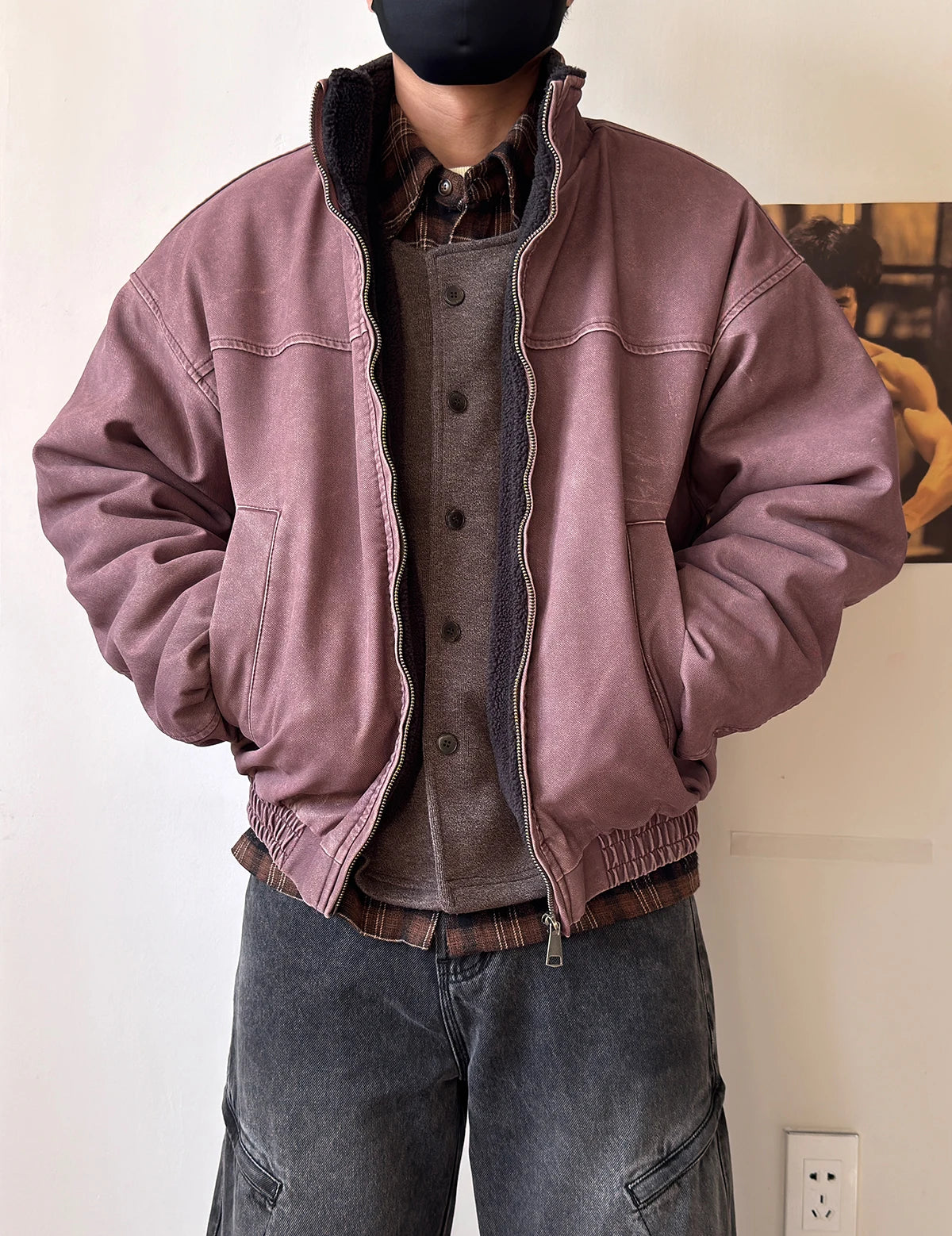 Vintage Wash Fleece Lined Bomber Jacket-streetwear-techwear