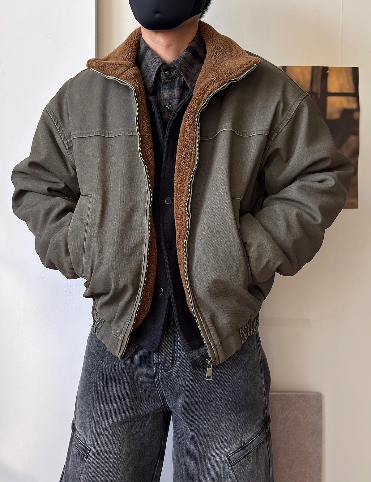 Vintage Wash Fleece Lined Bomber Jacket-streetwear-techwear
