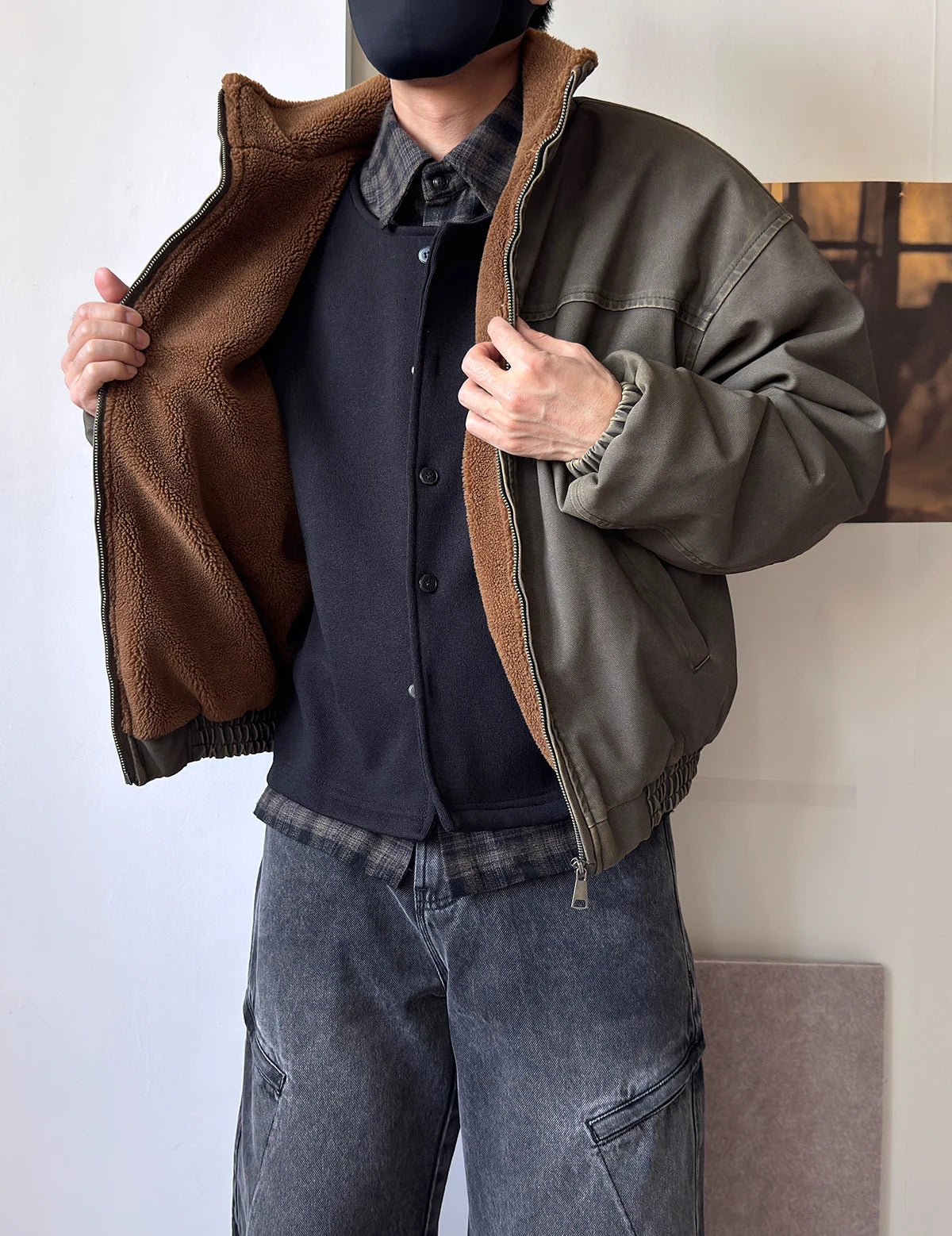 Vintage Wash Fleece Lined Bomber Jacket-streetwear-techwear