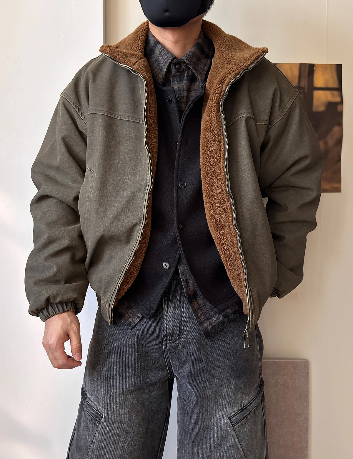 Vintage Wash Fleece Lined Bomber Jacket-streetwear-techwear