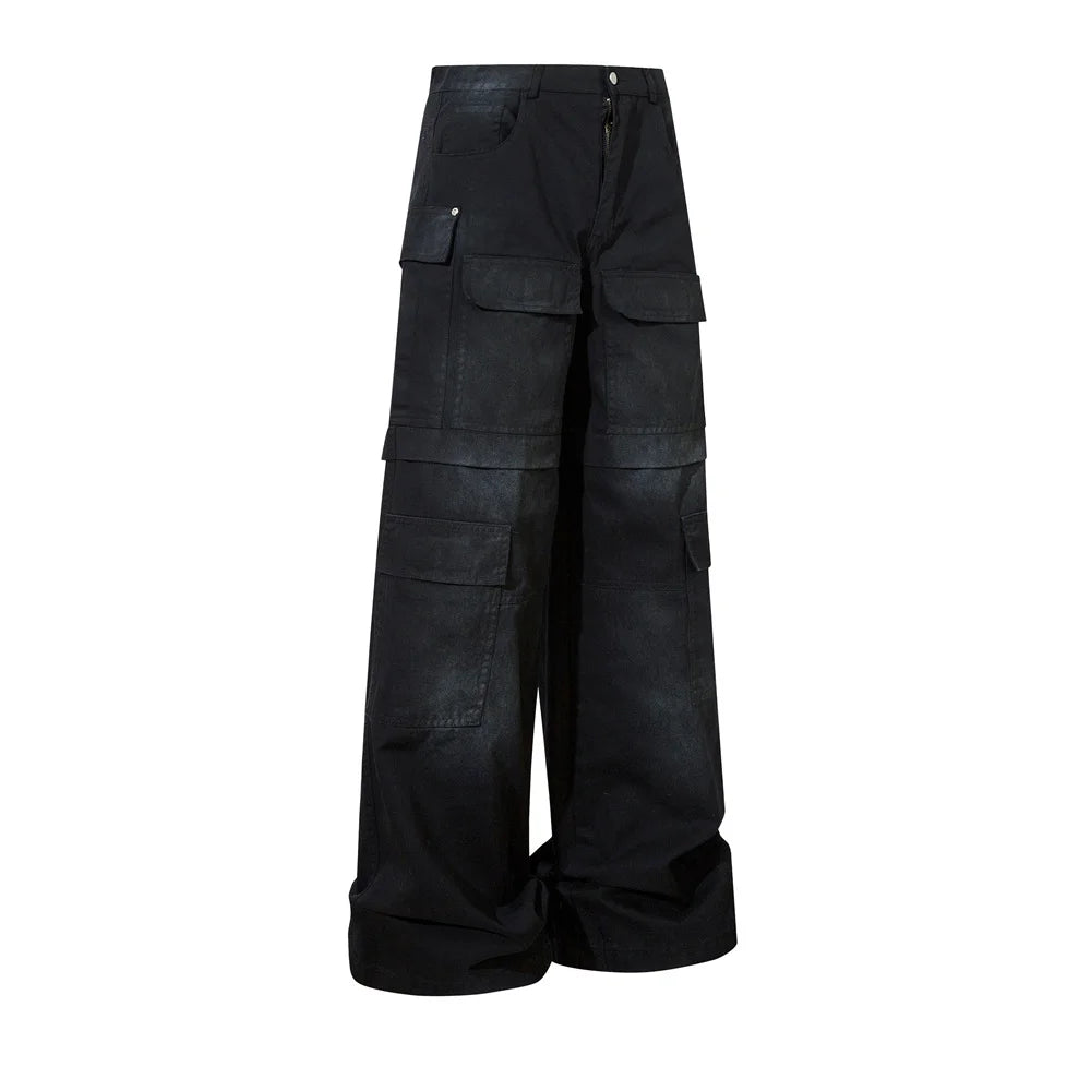 Washed Black Wide Leg Cargo Pants-streetwear-techwear