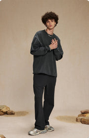 Washed Mock Double Layer Long Sleeve T-Shirt-streetwear-techwear
