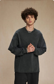 Washed Mock Double Layer Long Sleeve T-Shirt-streetwear-techwear