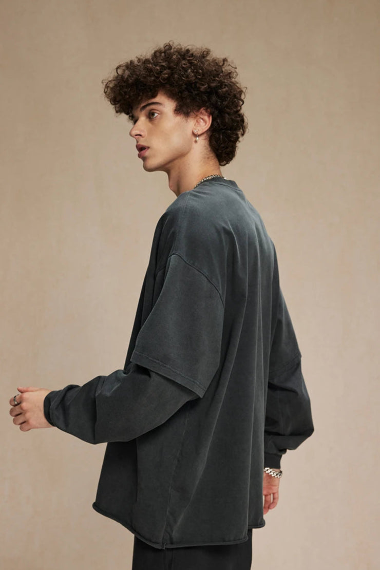Washed Mock Double Layer Long Sleeve T-Shirt-streetwear-techwear
