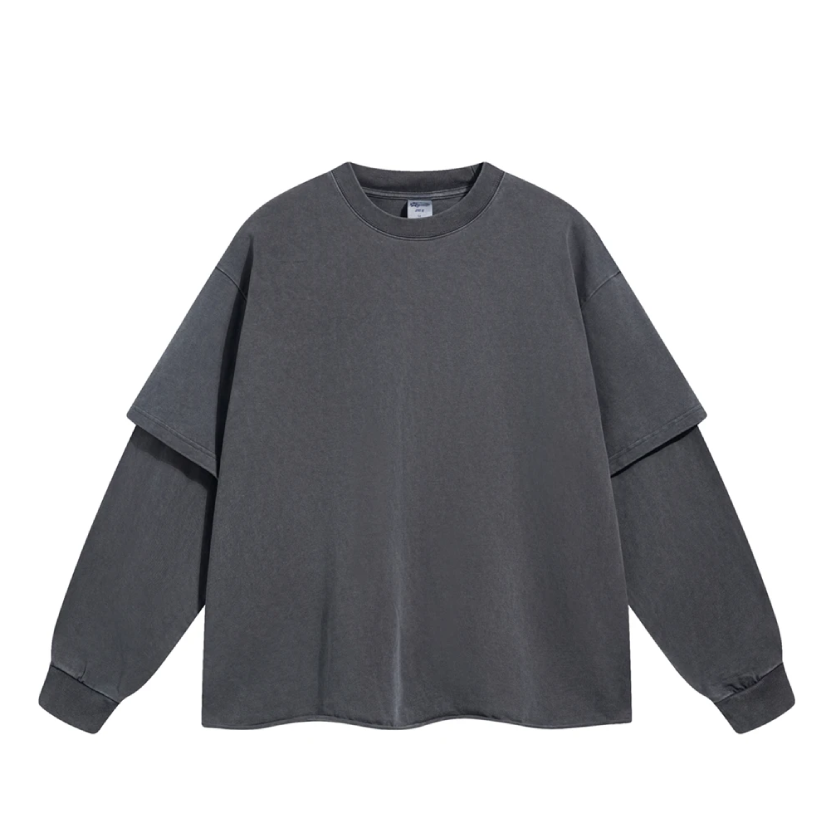 Washed Mock Double Layer Long Sleeve T-Shirt-streetwear-techwear