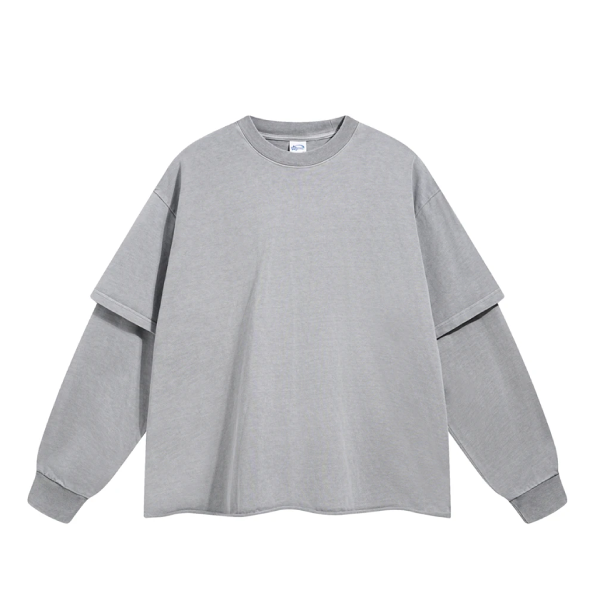 Washed Mock Double Layer Long Sleeve T-Shirt-streetwear-techwear