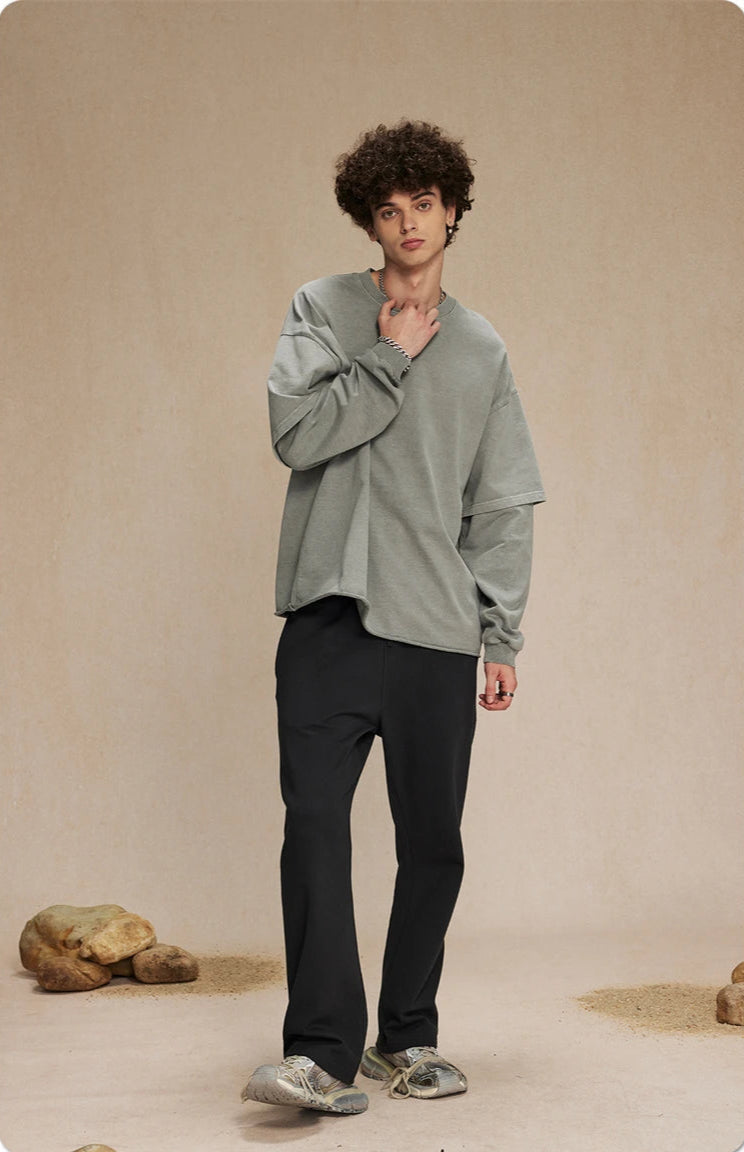 Washed Mock Double Layer Long Sleeve T-Shirt-streetwear-techwear