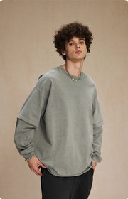 Washed Mock Double Layer Long Sleeve T-Shirt-streetwear-techwear