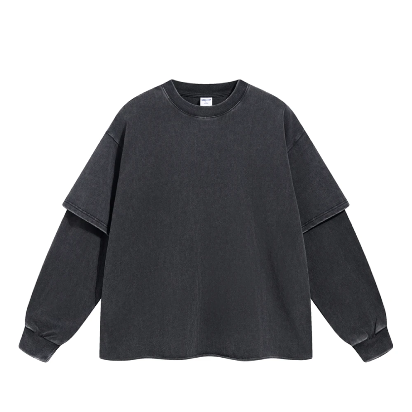 Washed Mock Double Layer Long Sleeve T-Shirt-streetwear-techwear