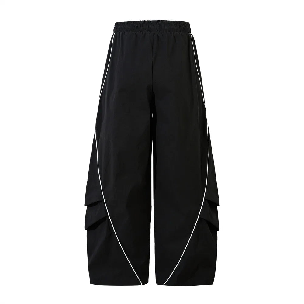 Wide Leg Pleated Track Pants with Piping