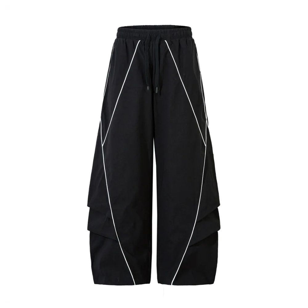Black wide-leg cargo pants with white contrast piping and a drawstring waist, shown against a plain white background.