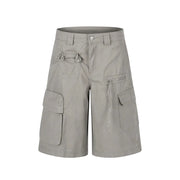 A pair of light gray cargo shorts with multiple utility pockets, belt loops, and a button closure, shown against a plain white background.
