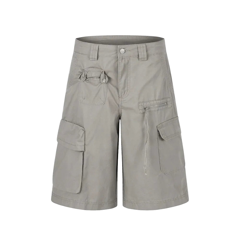 A pair of light gray cargo shorts with multiple utility pockets, belt loops, and a button closure, shown against a plain white background.