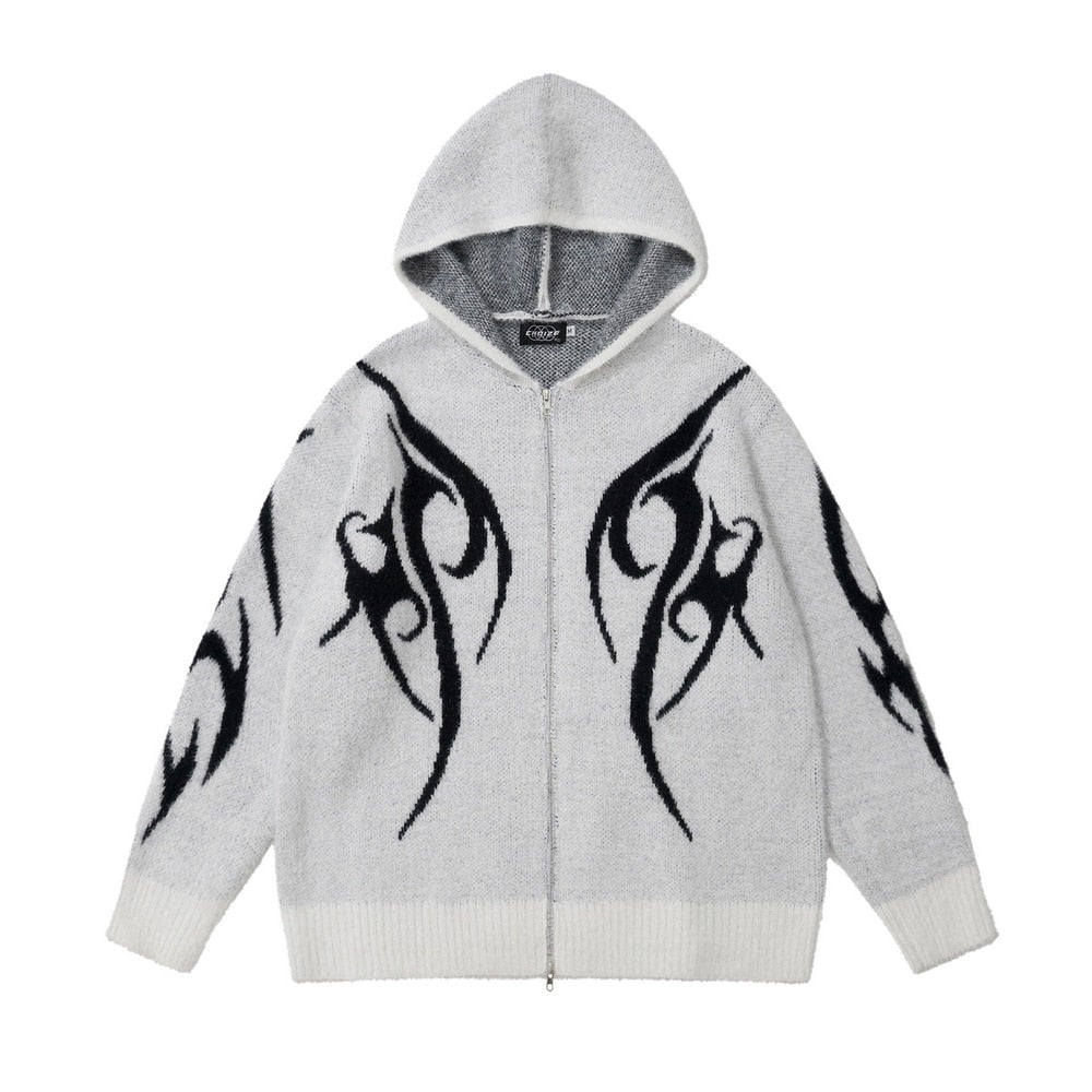 Y2K Tribal Knitted Hoodie-streetwear-techwear