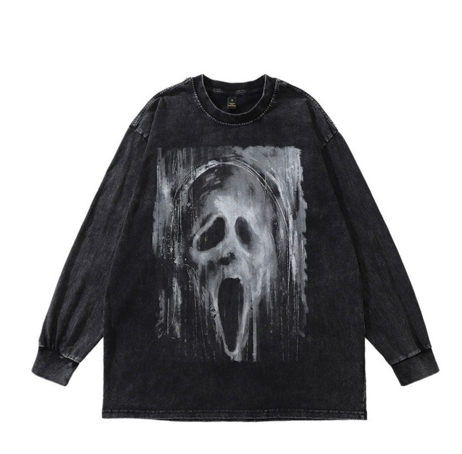 Acid Washed Mask Graphic Long Sleeve T-Shirt-streetwear-techwear